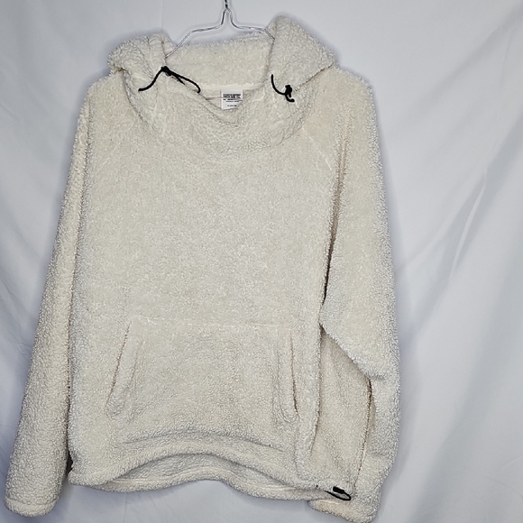 Victoria Secret PINK Cream Pullover Polor Fleece Texture Hooded Sweatshirt Sz M - Picture 1 of 5